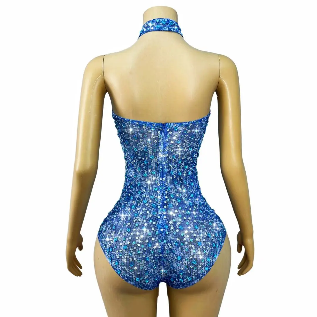 Lansuixing Blue Sheer Mesh Halter Neck Bodysuit with Cross Neckline and Rhinestone Sequin Pattern for Drag Queen Cabaret Shows