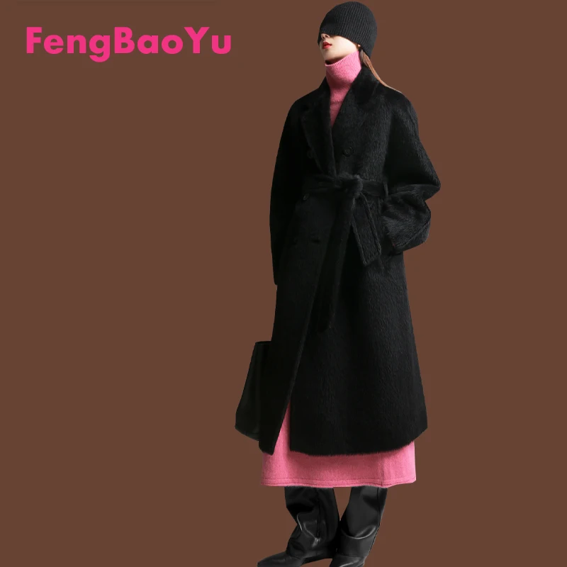 Alpaca Women's Coat Autumn and Winter Black Temperament Elegant and Noble Long Loose Coat Outdoor Warm Luxury Women's Wear