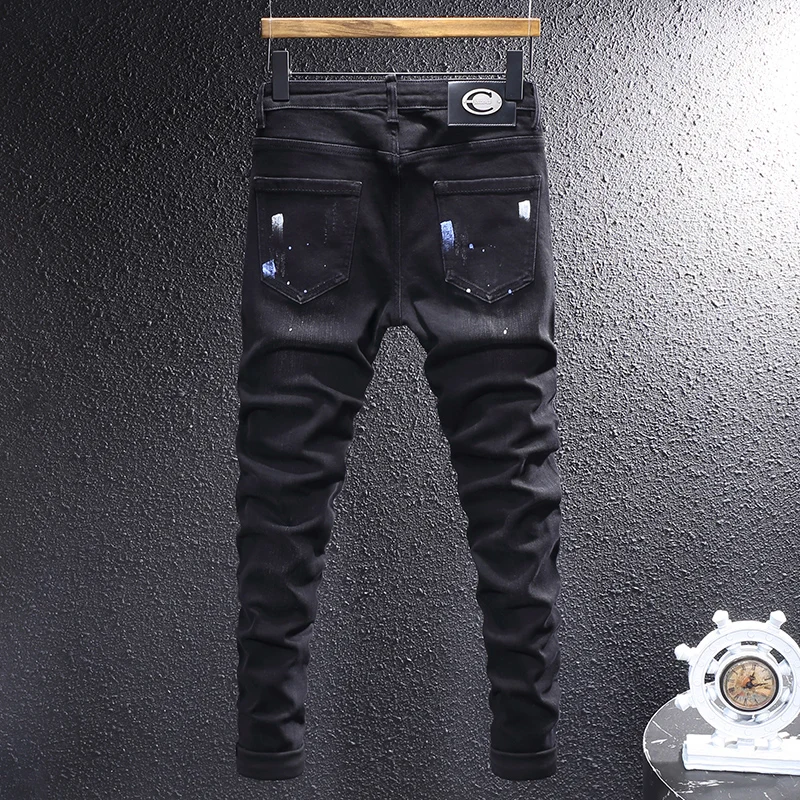 

Street Designer Fashion Men Jeans Retro Black Gray Stretch Slim Fit Patched Ripped Jeans Men Painted Vintage Denim Pants Hombre