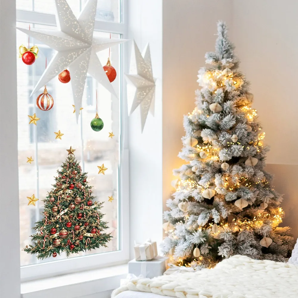 ملصقات نافذة شجرة عيد الميلاد هدية عناصر عيد الميلاد ملصقات زجاجية لتزيين النوافذ ديكور المنزل والمهرجانات