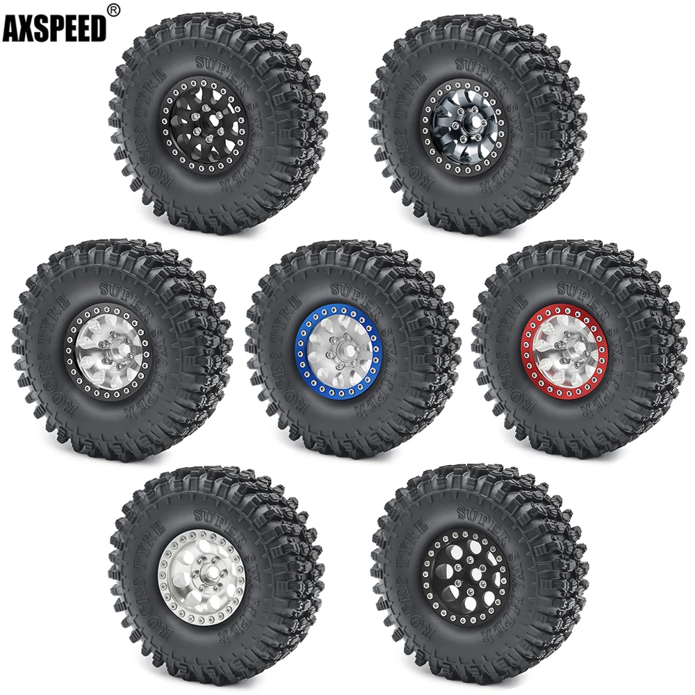 

AXSPEED 4Pcs 1:10 RC Rock Crawler 1.9 Inch Rubber Tires & Beadlock Wheel Rim Set for 1/10 Axial SCX10 90046 TRX4 D90 Tamiya CC01