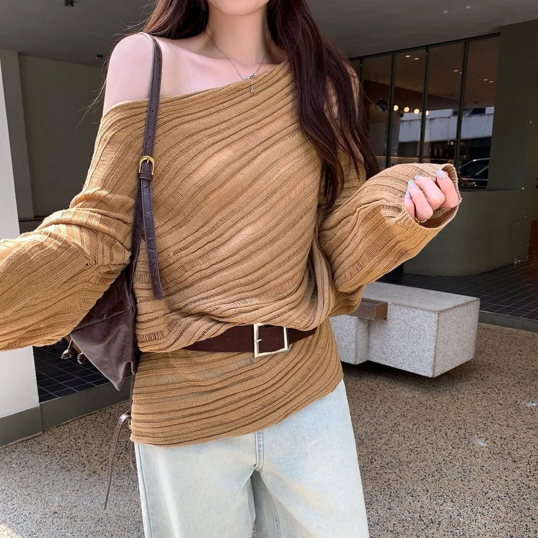 Ladies Boat Neck Sheer Knitted Pullover Long Sleeve Wave Stripe Slash Neck Loose Fit Soft Sweater Daily Streetwear Outfit