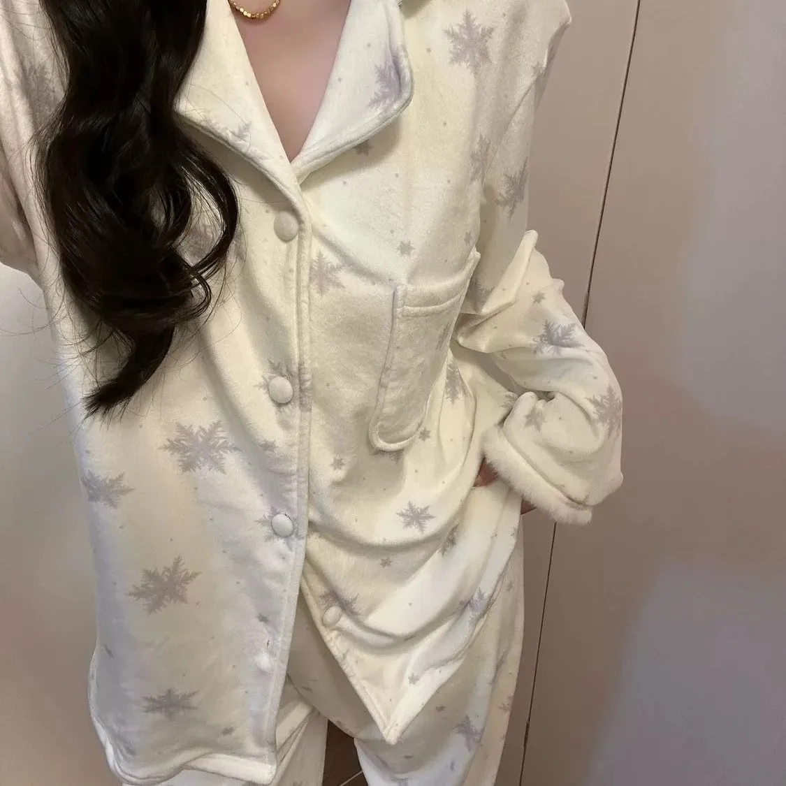 

Новогодний пижамный комплект с узором «Снежинки» для женщин, теплый зимний пижамный комплект, модная домашняя одежда, милый пижамный комплект