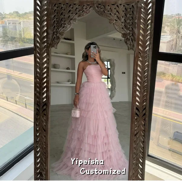 فستان حفلة موسيقية وردي مخصص على شكل حرف a بدون حمالات بطول الأرض وكشكشة فساتين سهرة فاخرة بدون أكمام لحفلات الزفاف #6