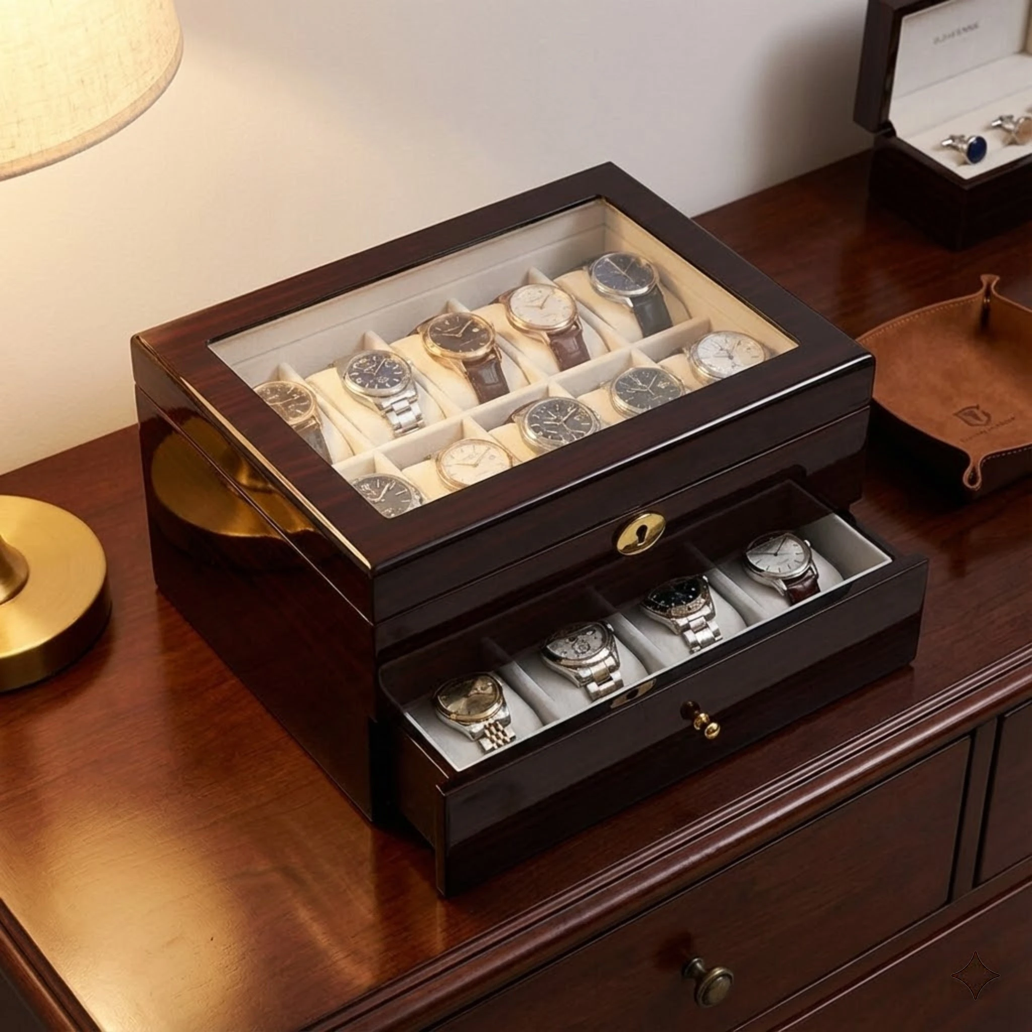 

Wooden Watch Box Organizer For Men 20 Slot Large Capacity Display Case With Glass Top And Lock
