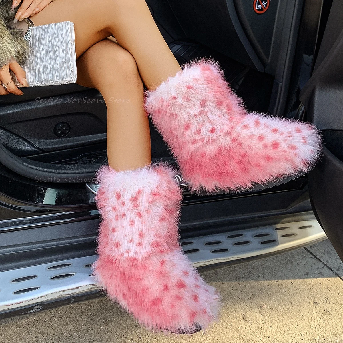 Round Toe Fur Snow Boots Slip On Thick Bottom Pink Dot Decor Winter Fashion Women Daily Dress Casual Comfort Warm Short Booties