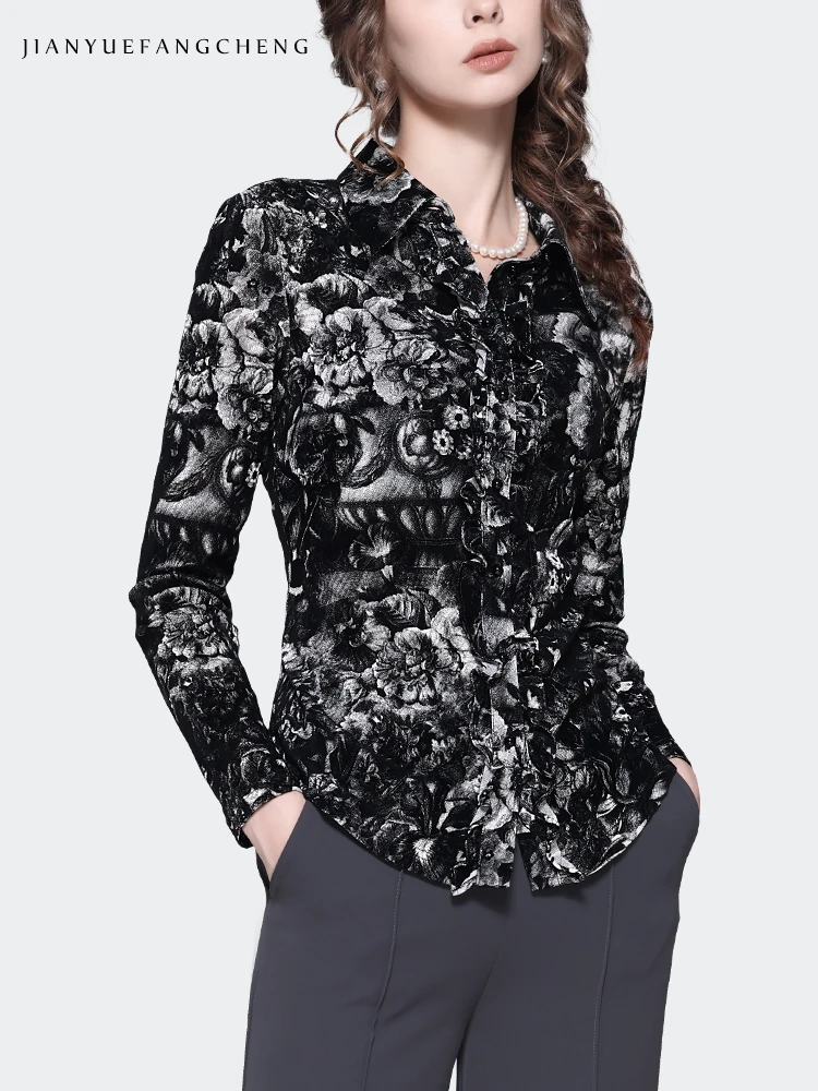 Fashion ink and wash Printed Women Long Sleeve Stretching Knitted Shirt Elegant Slim Button-down Tops Casual Floral Blouse