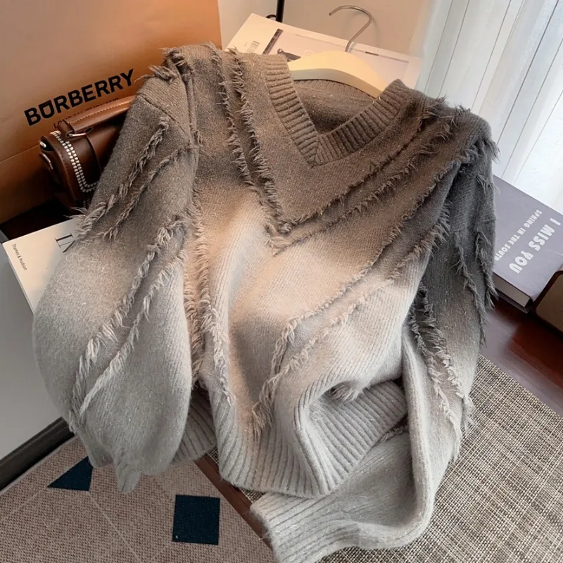 Fashion High End V Neck Long Sleeve Punk Loose Sweater Y2k Aesthetic Gradient Vintage Tassel Pullover Harajuku Lazy Jumper