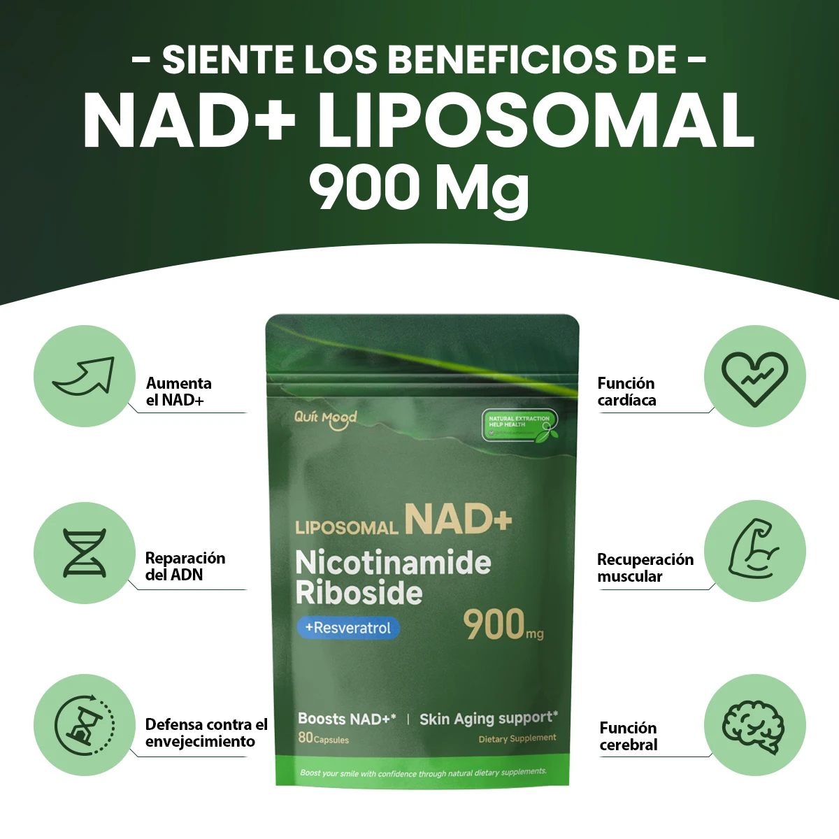 Quitmood Nr900 - معزز ليبوسومال ناد + معزز مع ريبوسيد النيكوتيناميد والريزفيراترول والت Quercetin - مكمل عالي النقاء مضاد للشيخوخة للبشرة والطاقة - 60 كبسولة