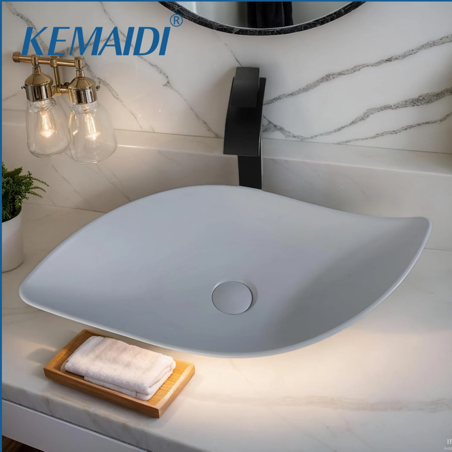 

KEMAIDI Vessel Sink Without Faucet Tap Leaf Shaped Bathoom Stone Resin Basin Above Counter Bowl Sinks for Bathrooms Vanity Top