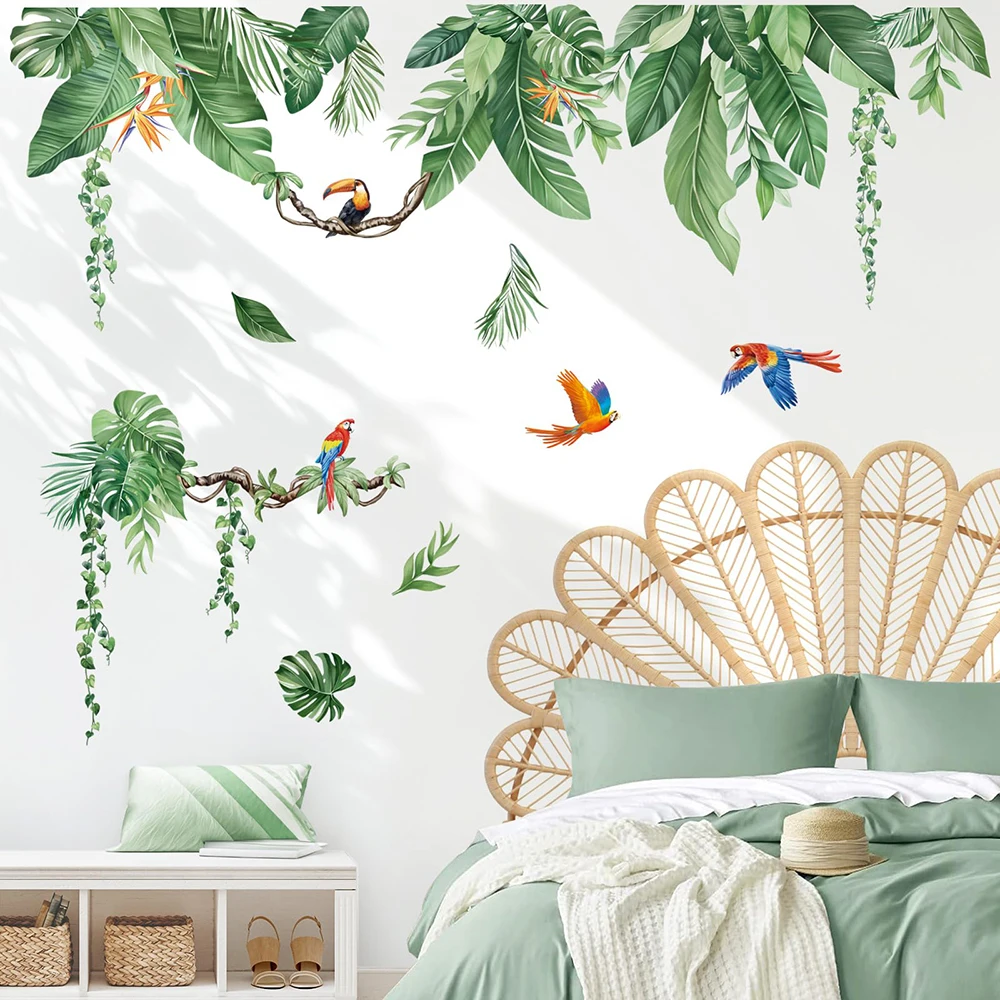 Tropical Palm Leaves Vines Wall Stickers Green Plants Tree Parrots Wall Decals Living Room Bedroom TV Background Home Decor