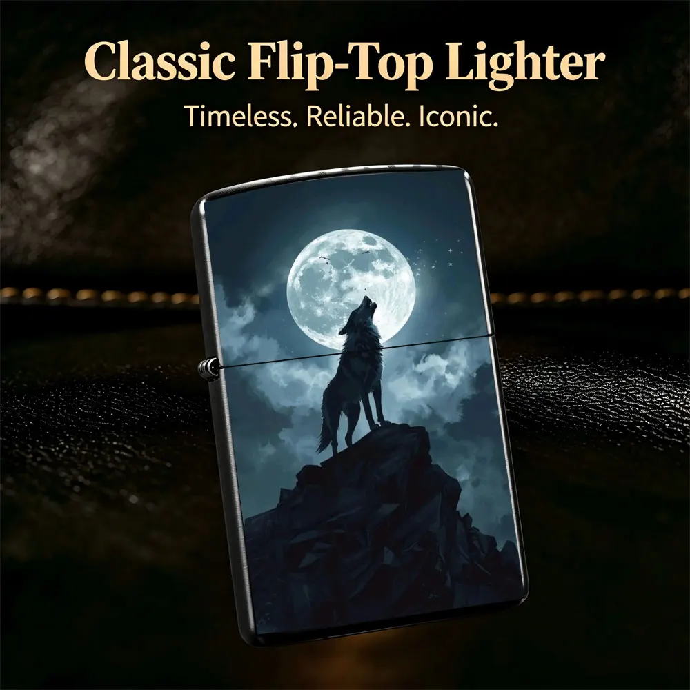 Pocket Lighter, Flip-Top Windproof, Lone Wolf on Rock with Moon Design, Metal Shell, Ergonomic Grip, Portable