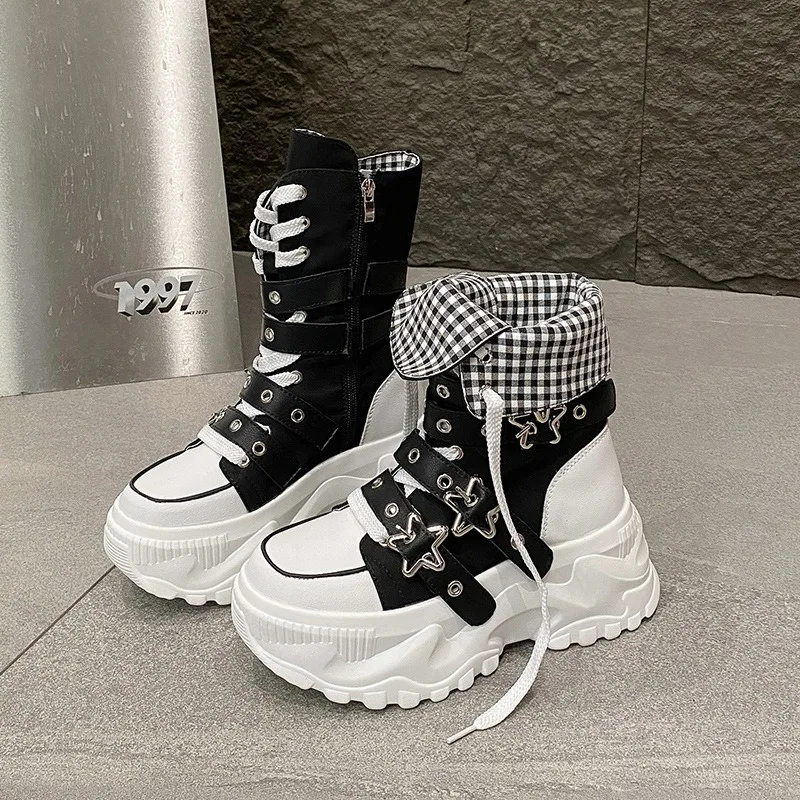Women's Platform Combat Boots Gothic Star Buckle Mid-calf Boots Lace-up Thick Sole Motorcycle Boots Black/red/yellow/white