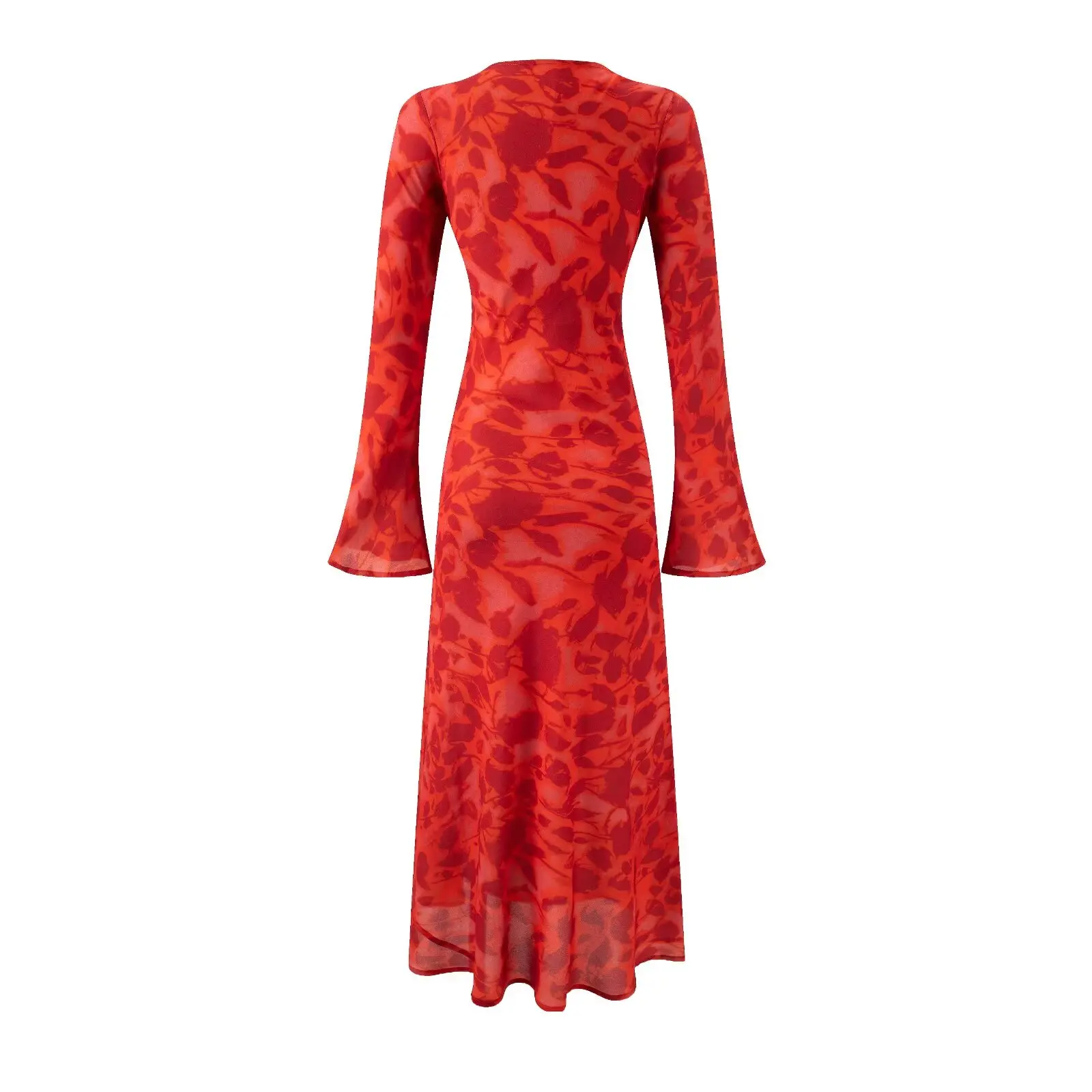 Langes Damenkleid mit ausgestellten Ärmeln, elegantes, florales, gepunktetes, dreifarbiges, schmales Kleid