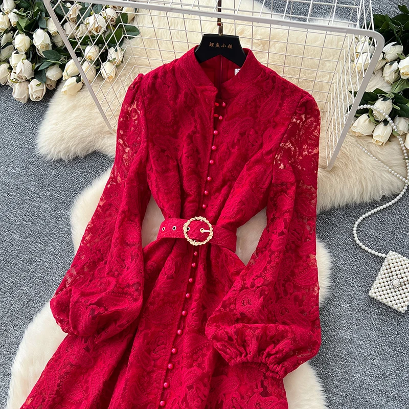 Spring Autumn High End Elegant Birthday Party Women's Dress New French Hook Flower Single Breasted Slim Lace Long Dress S89