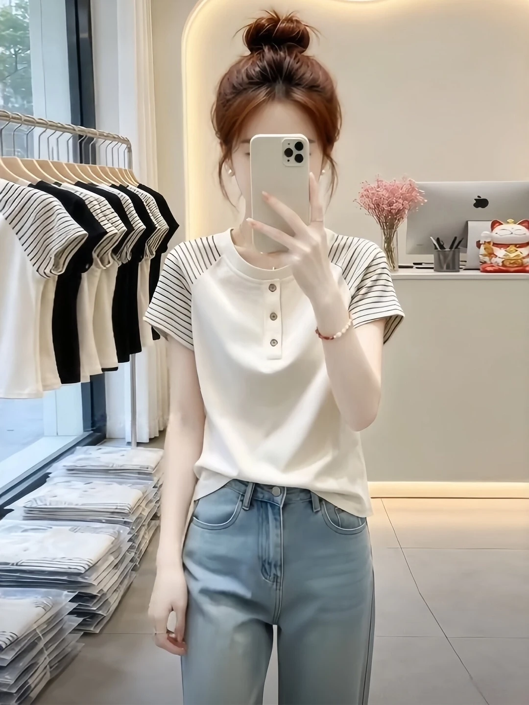plus Size Korean Style Color Block Shoulder Insert Short Sleeve T-Shirt Women Summer Slim Fit Elegant Unique round Neck Top