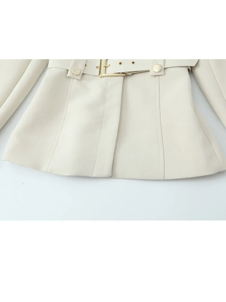 HH أزياء المرأة طويلة الأكمام زر مع حزام البدلة سترة عالية الخصر ضئيلة س الرقبة سستة جيوب السراويل الصلبة 2 قطعة مجموعة #5