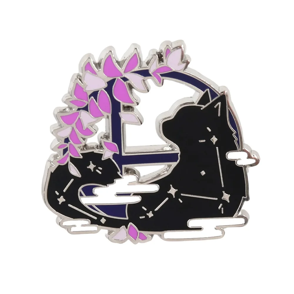 1PC Wisteria Twin Black Cat Silhouette Enamel Pin, Romantic Cloud Star Brooch, Aesthetic Asian Jewelry Gift