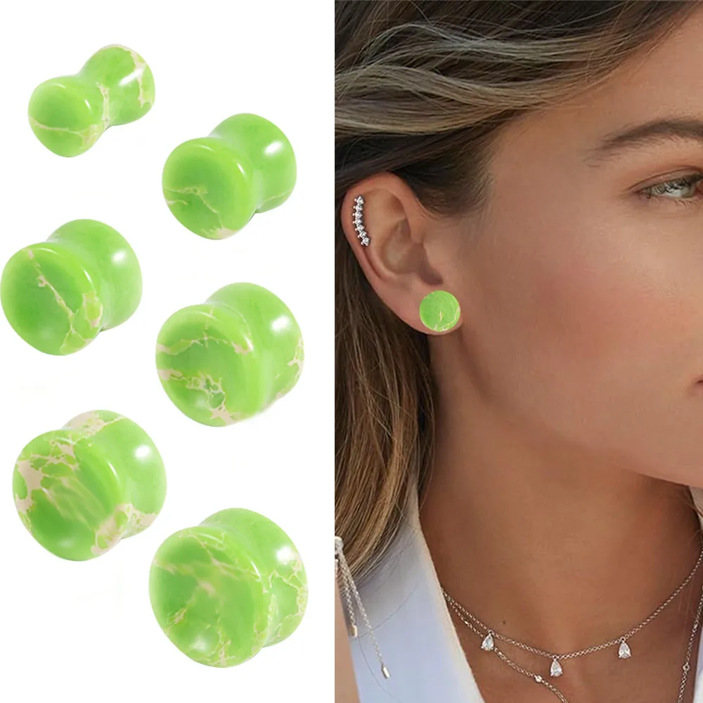 2PCS Stone Light Green Ear Gauges Turquoise Concave Plugs Expander Ear Stretcher Body Piercing Jewelry For Women Gift