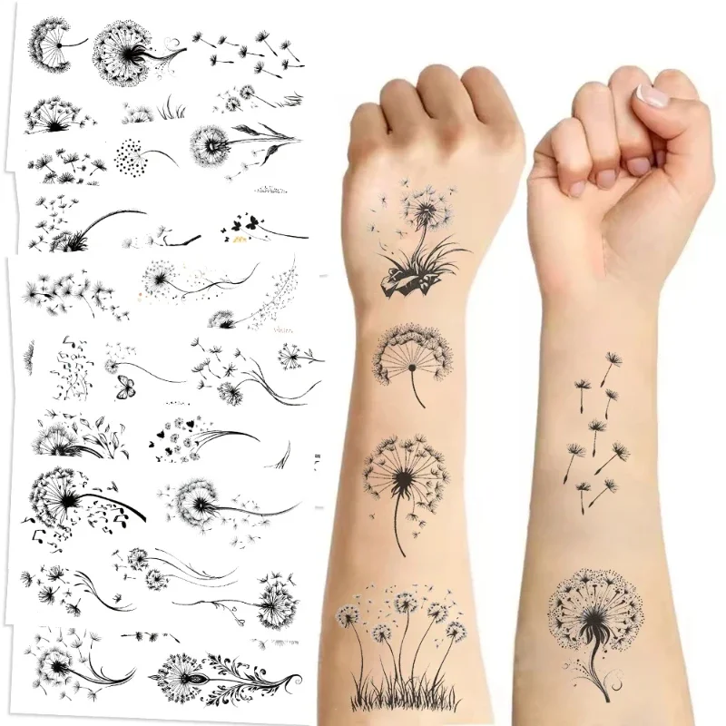 

2026-10 Sheets/Set Black And White Series Dandelion Flower Tattoo Sticker Waterproof Decoration Arm Cheek Party Tattoo Sticker