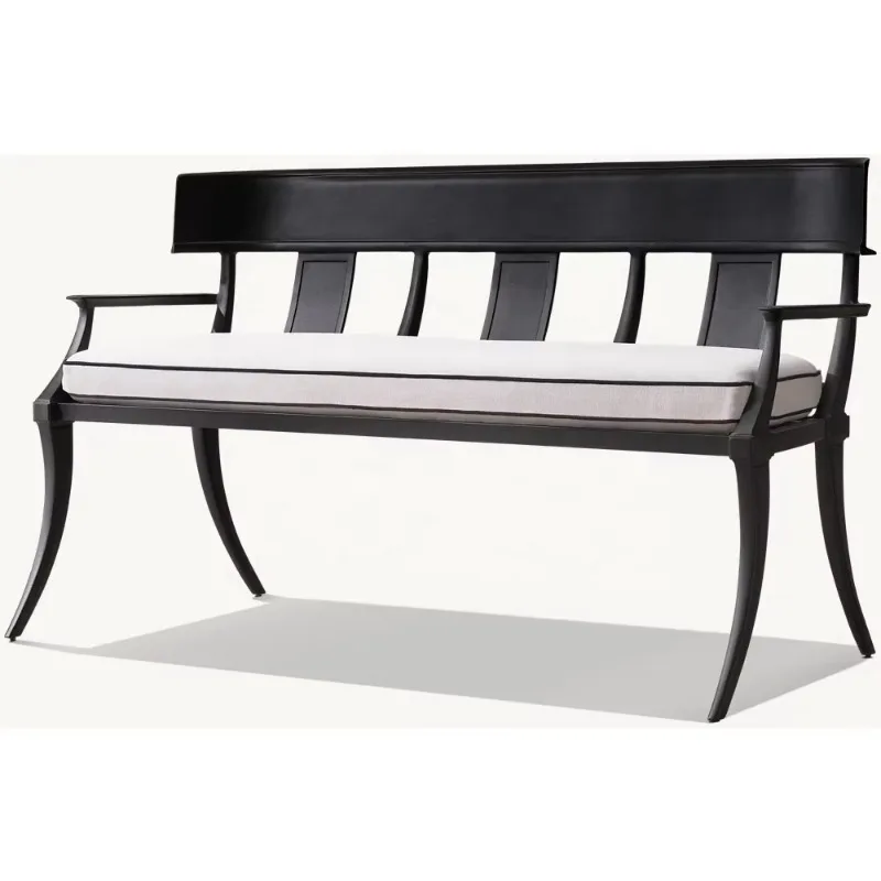 Modern Durable All Weather Cast Aluminum Seating Bench with UV Resistant Piping Stitching for Outdoor Courtyard Use