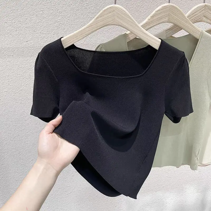 Spring and Summer 2026 New Solid Color Square Neck Ice Silk Short-sleeved Femininity Elegant Bubble Sleeve Top Short Shirt