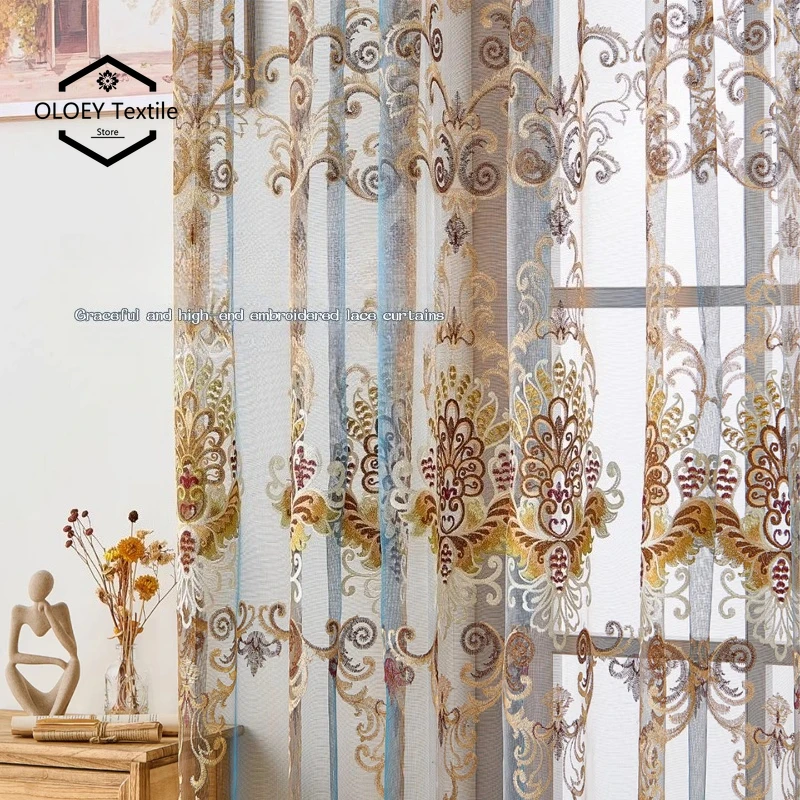 European Style Light Luxury Embroidery Translucent Curtains for Living Dining Room Bedroom Door Elegant Custom Size Tulle