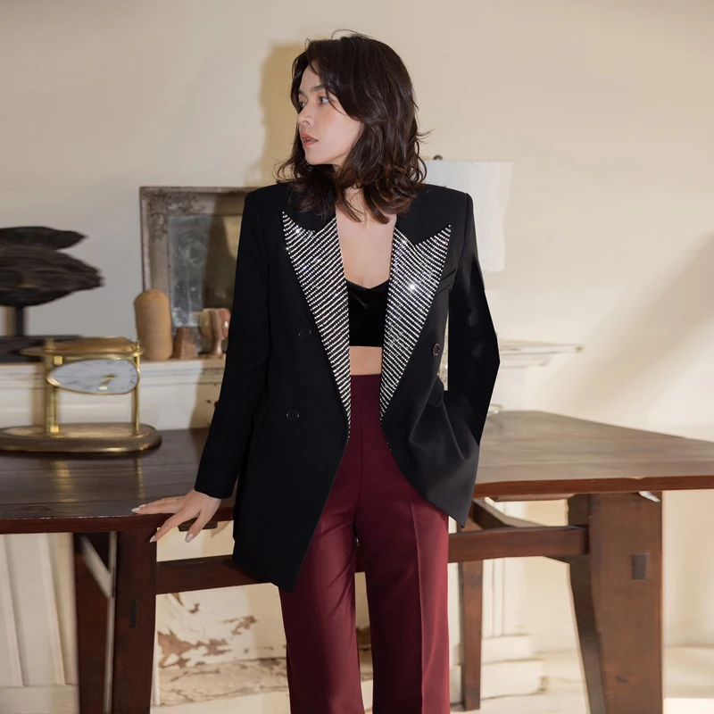 

Sparkling Diamond Embellied Bla Suit Jaet Women's Winter Faion Bright Sequins Full Drill Long Sve Woolen Coat