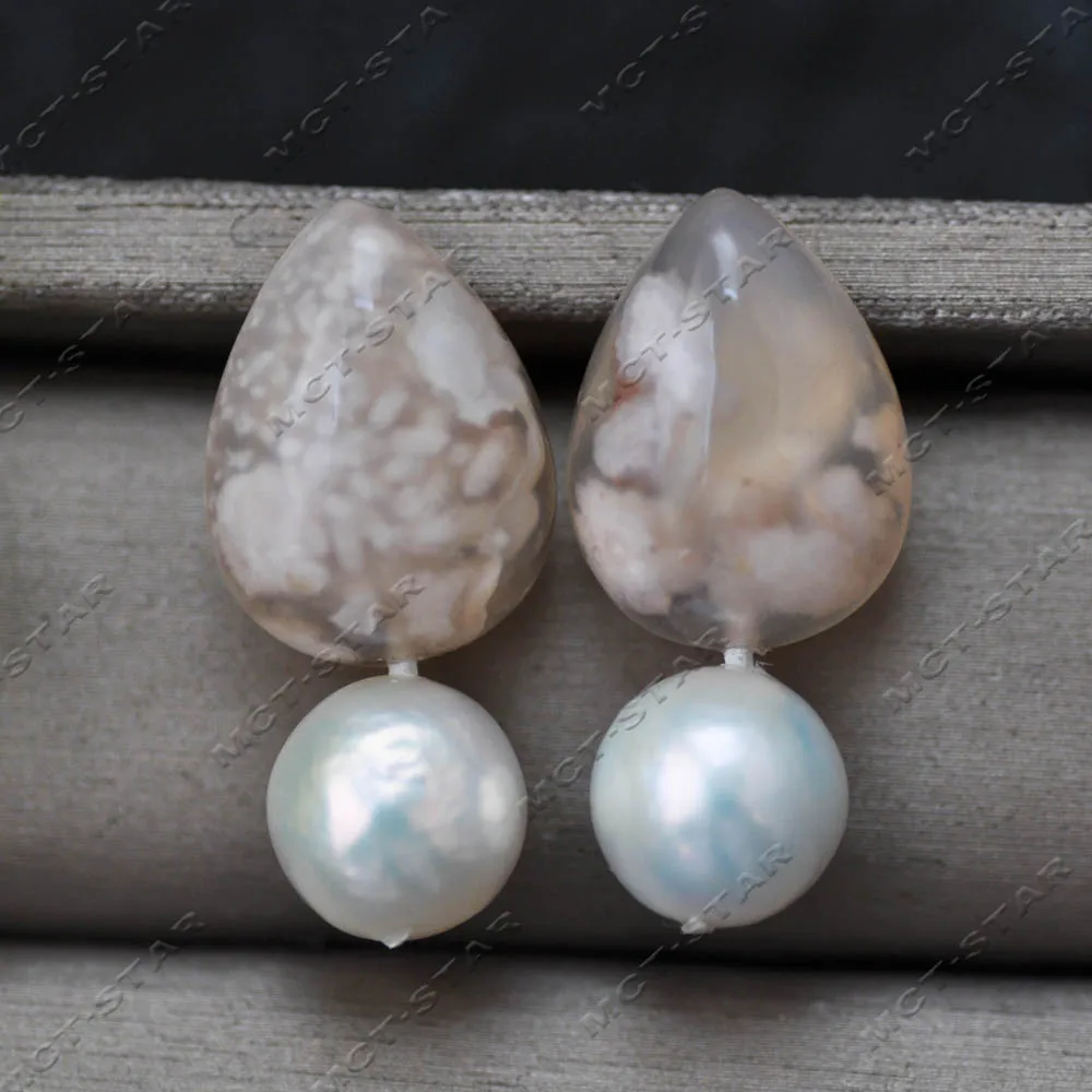 MTCSTAR 20mm Heart Cherry Blossom Agate White Round Edison Keshi Pearl Dangle Earring (Z14634 )