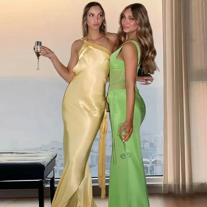 Vestido largo de satén Sexy para mujer, Vestidos de fiesta para discoteca, verano 2021, sin mangas, sin espalda, con cordones, sirena