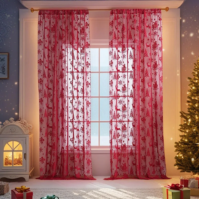 American Red Christmas Lace Curtain Santa Claus Jacquard Sheer Tulle Curtain Bedroom Living Room Holiday Atmosphere Decoration