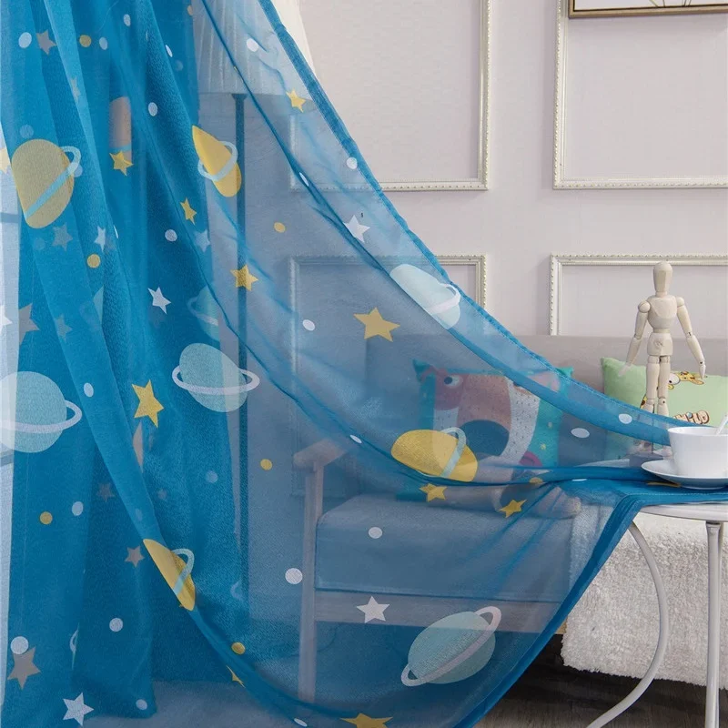 Modern Cartoon Blue Planet Embroidery Tulle For Boy Room Kids Room Cute Starry Sky Star Curtains For Living Room Decor Screen