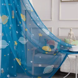 Tul bordado de planeta azul de dibujos animados moderno para habitación de niño, cortinas bonitas de estrella de cielo estrellado para decoración para sala de estar, pantalla