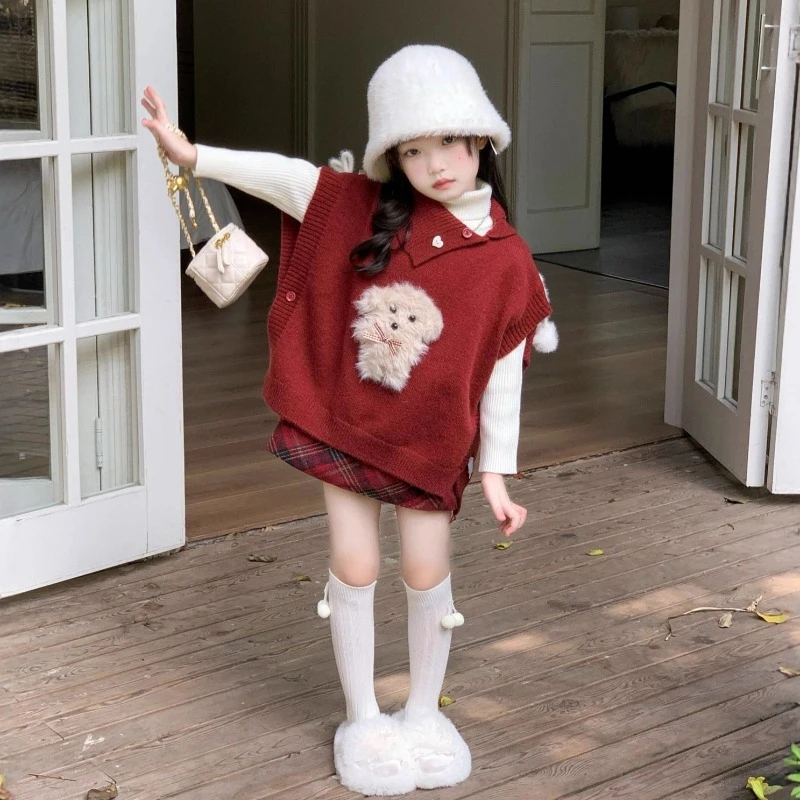 

2026 New Korean Girls' Knit Vest & Skirt Set, Long Sleeve Turtleneck Sweater & Children's Autumn Outfit for Small Kids