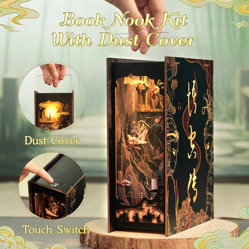 CUTEBEE DIY Book Nook Kit Miniature Wooden Dollhouse with Light Bookshelf Insert Decoration Model for The Legend of Wukong