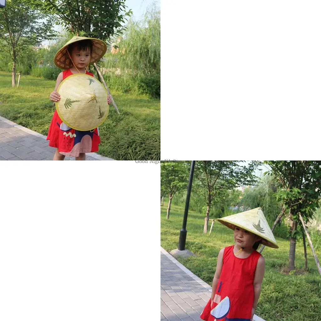 

Детская бамбуковая тканая шляпа от солнца, портативная шляпа с широкими полями, простая конусная шляпа для улицы