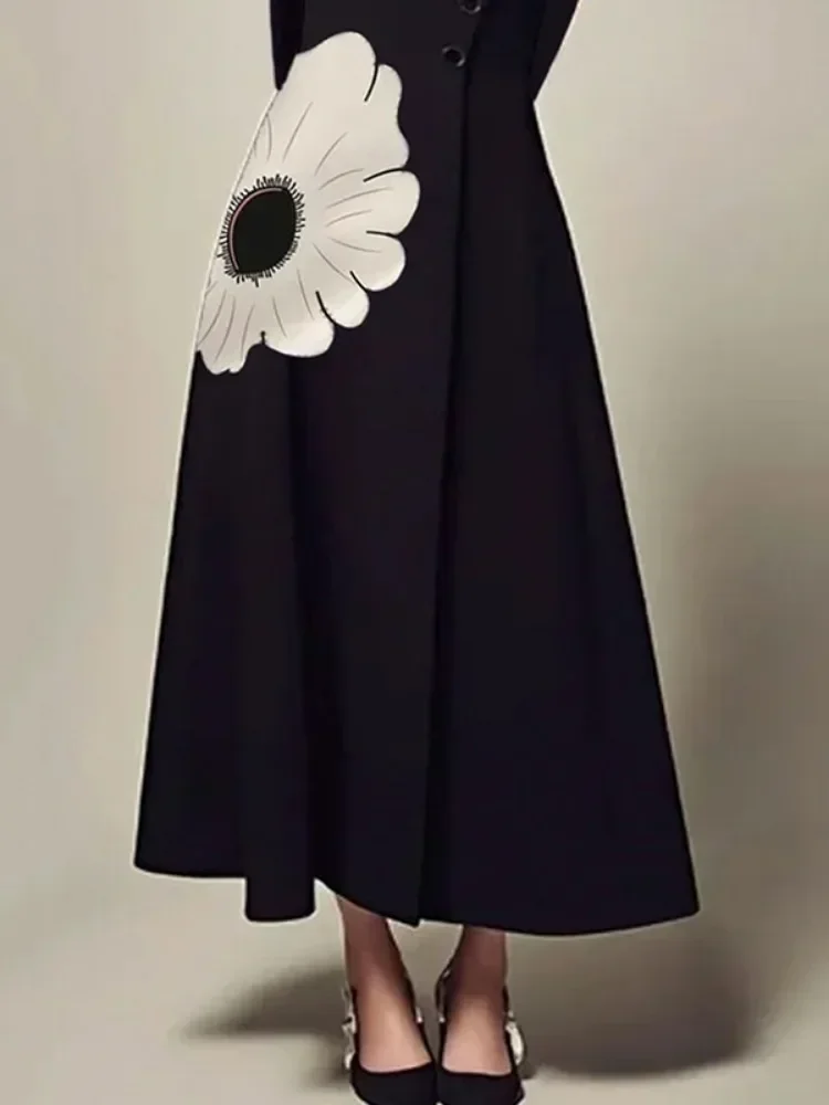 UOOZEE Women Fashion Flower Print Elegant Party Evening Midi Dresses Long Sleeves High Neck Black A-Line Dress 2024 New Autumn