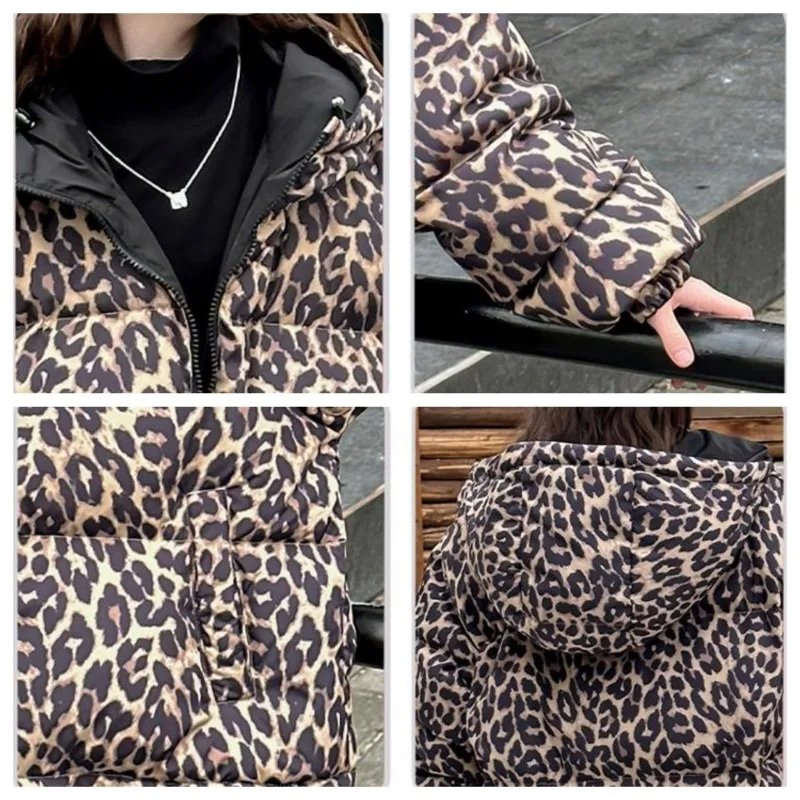 Girl Coat Teenage Leopard Print Double-sided Hooded Cotton Jacket High Street Harajuku Retro Warm Winter Padded Jacket Clothing