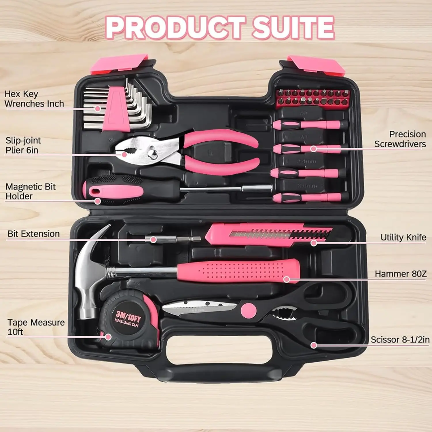 39 Pcs All Purpose Basic Household Pink Tool Kit for Women - Small Tool Set with Toolbox Great for Home, Garage, Office and College Dormitory Use