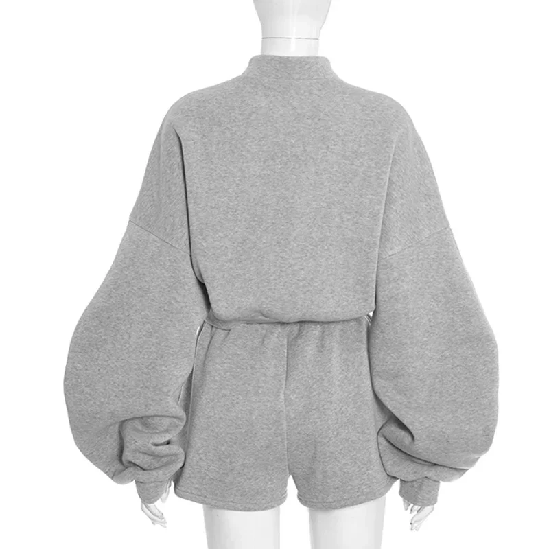 

Свободный комплект из 2 предметов с круглым вырезом на молнии и фонариком, пуловер с длинными рукавами, толстовки, топы + шорты на шнурке, женские повседневные уличные костюмы