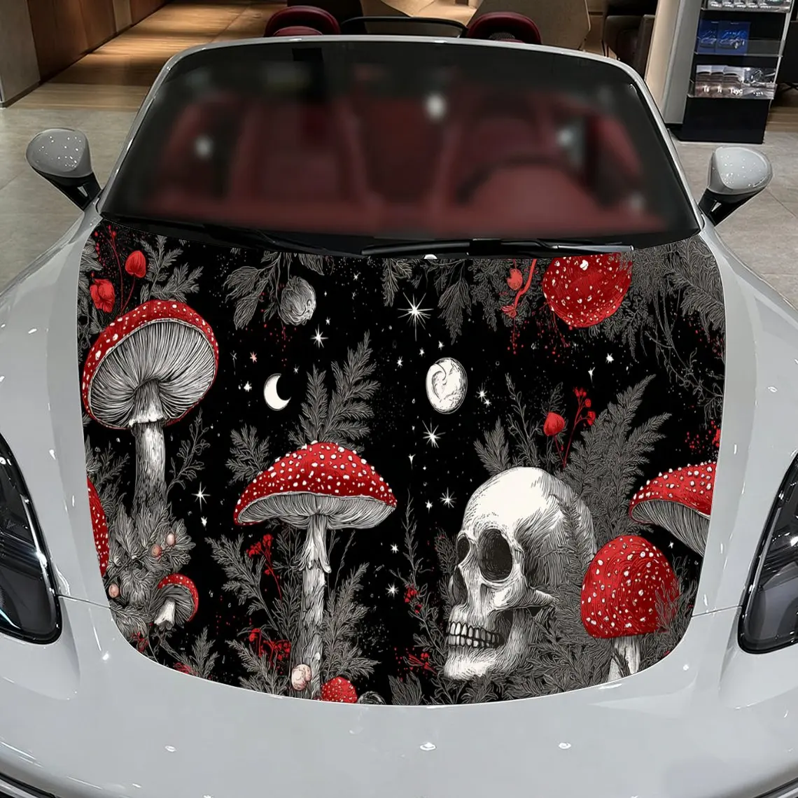 Car Decals A Gothic-Themed Design with Skulls, Red Mushrooms, and Moon Elements in a Black Textured Background with Artistic, Da