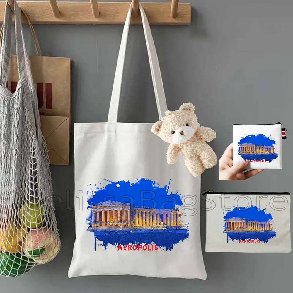 4PCS Gifts Set Acropolis Greece White Canvas Tote Bag Handbag with Doll Key Coin Purse Cosmetic Makeup Toilet Bag Case Pouch