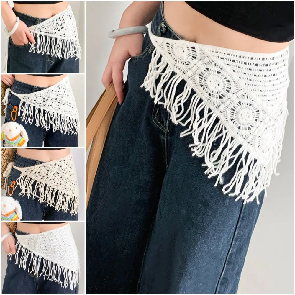 

Bohemian Knitted Back Flap Ethnic Style Hollowing Out Triangular Scarf Tie Straps Crocheted Hand-knitted Tassel Hip Apron