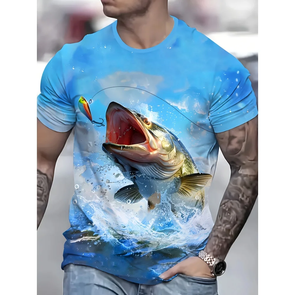 Men's Bright Blue 3D Leaping Fish 3D Print T-Shirt Short-Sleeve Essential Clothing for Friends of Fishing Outdoor Oversize Tops