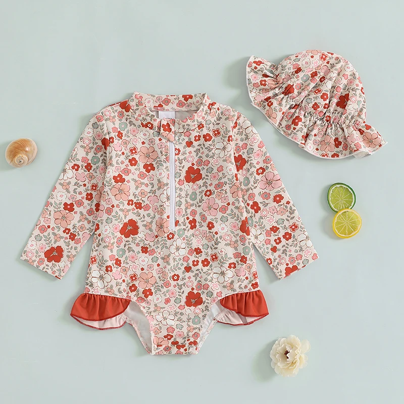 Toddler Girls Rash Guard Swimsuit Rompers Long Sleeve Floral Print Baby Ruffles Bathing Suit Swimwear with Swim Cap