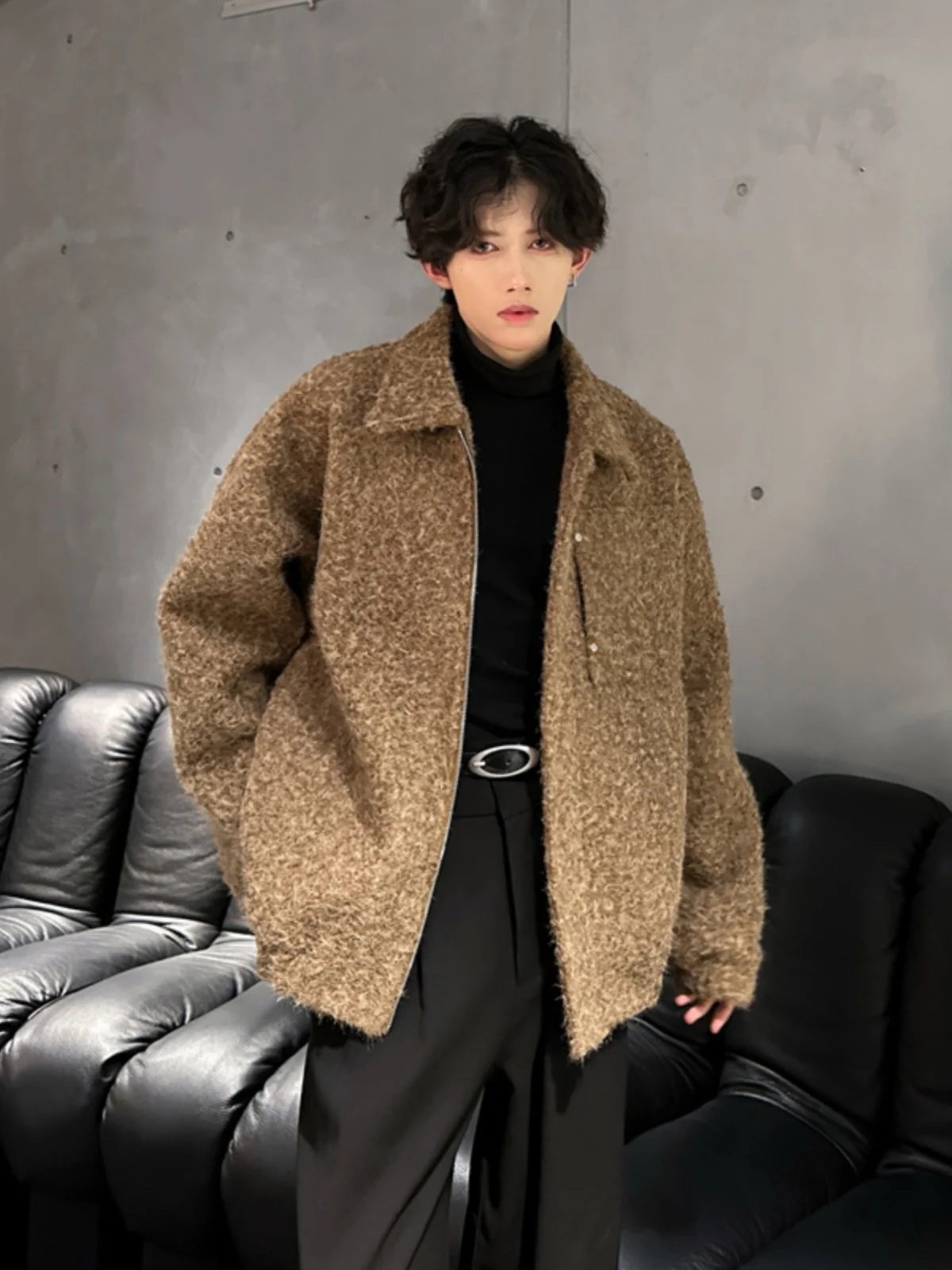 

American Retro Luxury Men's Woolen Coat Casual Versatile Autumn Winter Faion Trendy Jaet Loose Fit Zipper Closure