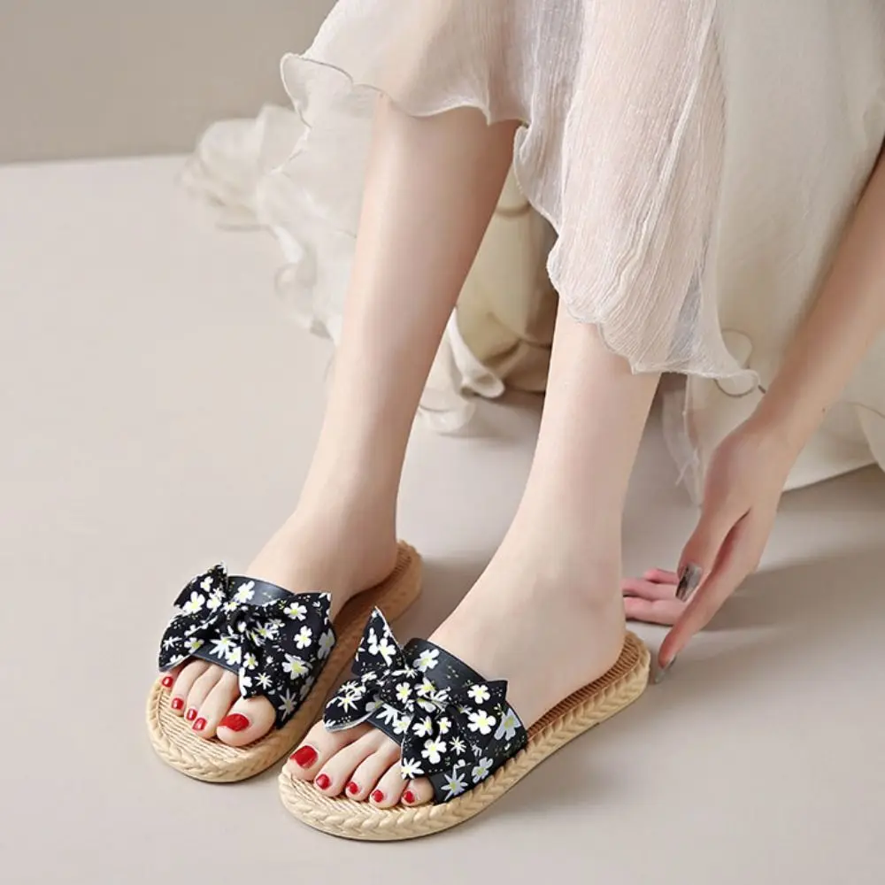 ファッション花ちょう結びビーチスリッパフラットノンスリップ花サンダル女性甘いボヘミア休暇海辺スリッパ女の子