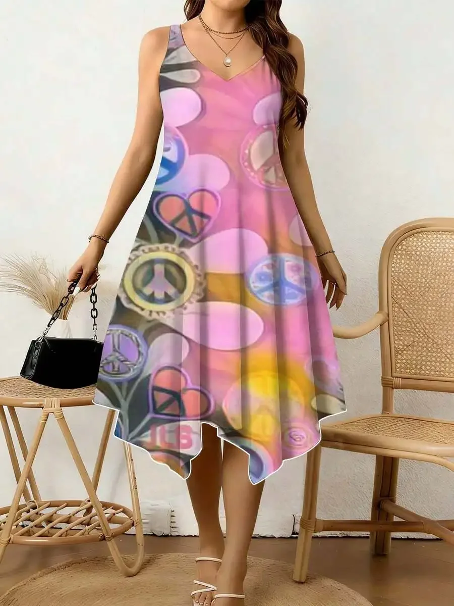 

V-Neck Sleeveless Asymmetrical Dress Featuring Peace Symbols And Hearts Print, Casual Summer Wear For Beach, Festival, Leisure