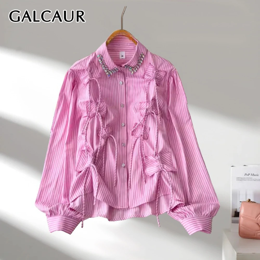 GALCAUR Colorblock Slimming Spliced Stripe Blouse for Women Lapel Long Sleeves Patchwork Diamonds Top Female Clothing New Style