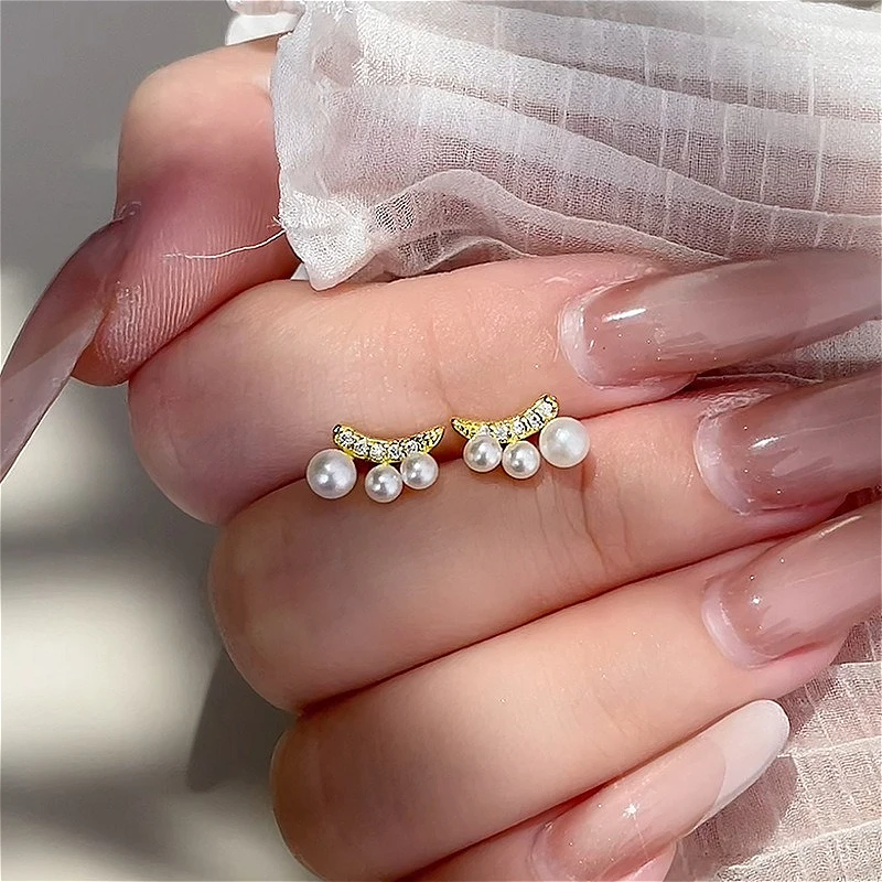 

MEETSOFT 925 Sterling Silver Geometry Mini Moon Pearl Zircon Stud Earring for Women Fine Jewelry High Luxury Vintage Accessories